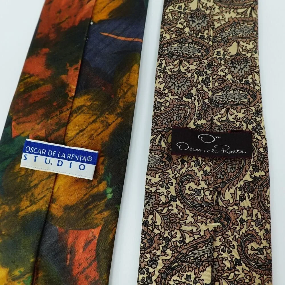 Vintage Oscar‎ De La Renta Tie Men Floral Paisley Print USA Set of 2 Necktie
